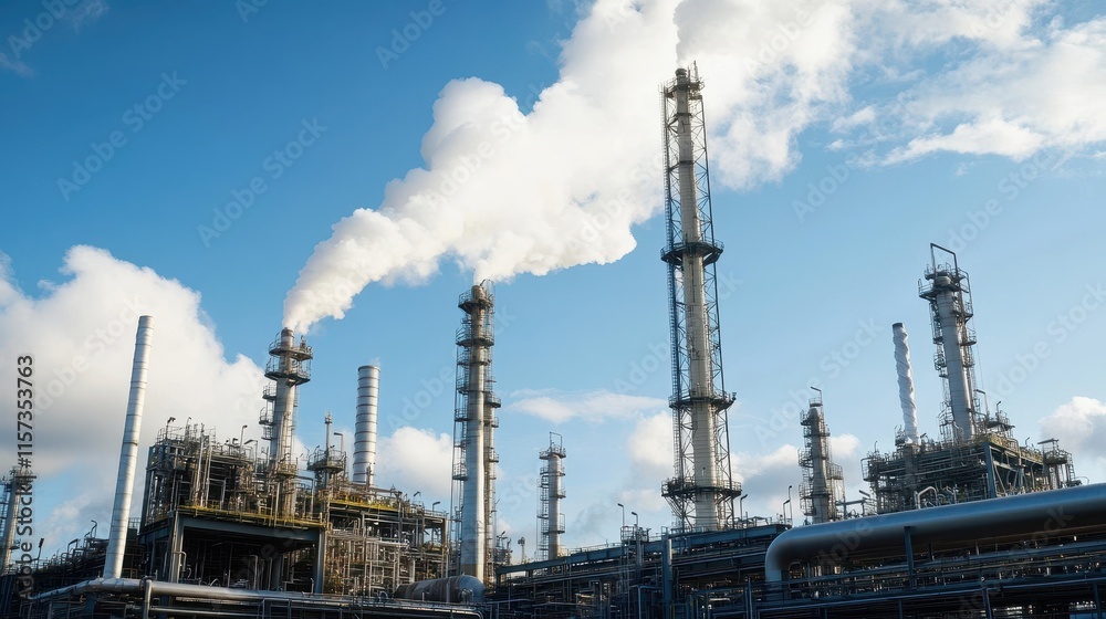Cooling towers dominate the petrochemical facility, releasing vapor into the sky, surrounded by networks of pipelines and industrial structures. Cooling towers dominate the petrochemical facility, releasing vapor into the sky, surrounded by networks of pipelines and industrial structures.