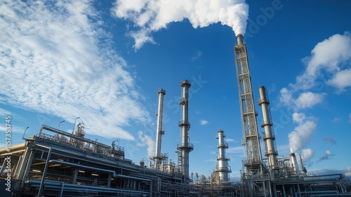 Cooling towers dominate the petrochemical facility, releasing vapor into the sky, surrounded by networks of pipelines and industrial structures. photo