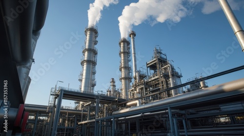 Towering cooling structures stand tall, releasing vapor into the atmosphere, surrounded by pipelines at a modern petrochemical facility. photo