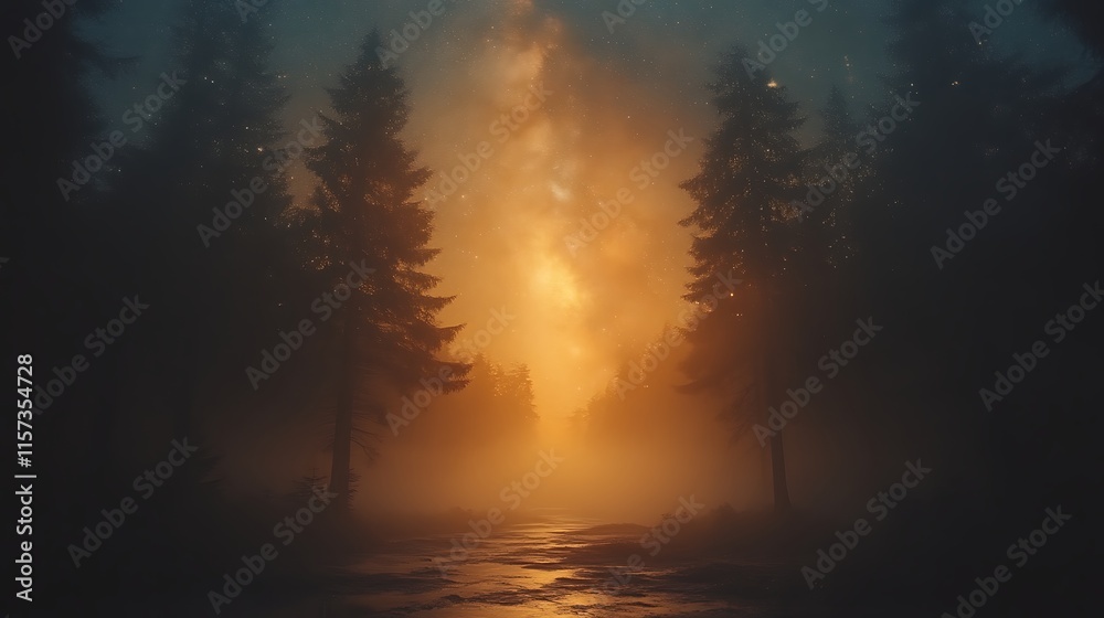 Obraz premium Mystical forest path at twilight, glowing fog.