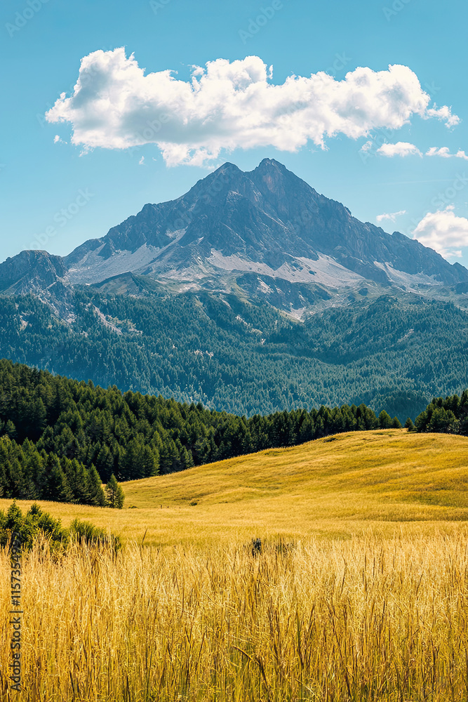 Fototapeta premium Scenic mountain view behind an open field in summer