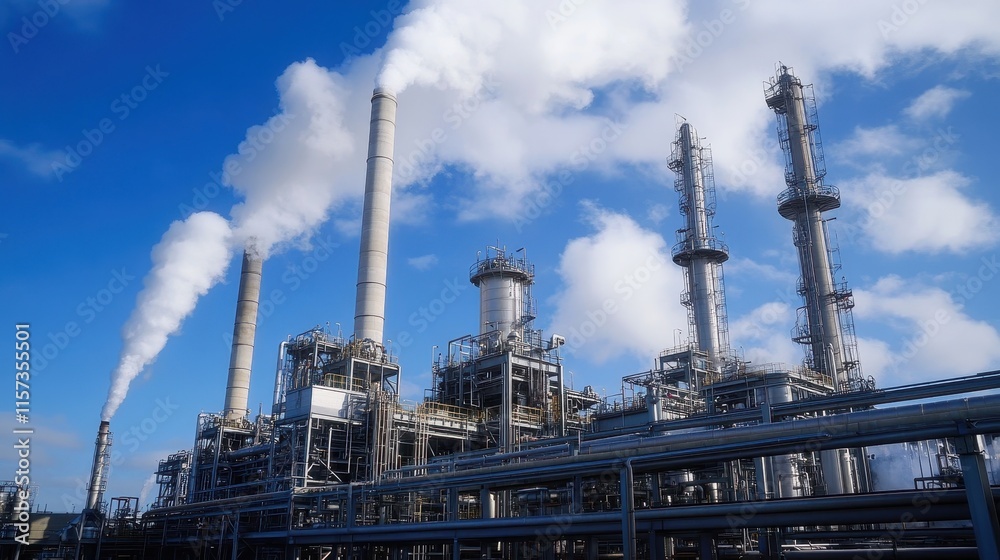Cooling towers vent thick vapor into the air, towering over the machinery and pipelines of a modern petrochemical plant. Cooling towers vent thick vapor into the air, towering over the machinery and pipelines of a modern petrochemical plant.