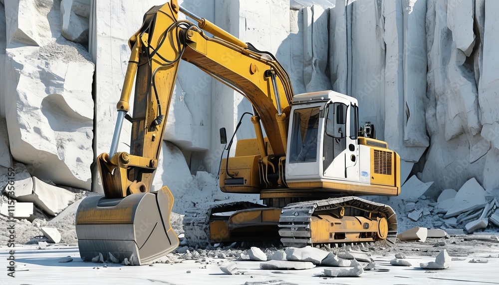 Heavy Hydraulic Breaker Machinery Working in Quarry with Rock and Stone Background Heavy Hydraulic Breaker Machinery Working in Quarry with Rock and Stone Background
