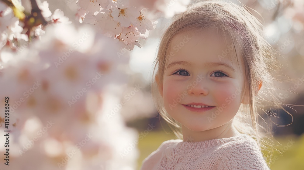 A Charming Girl Smiling Among Pink Cherry Blossom Flowers in Spring A Charming Girl Smiling Among Pink Cherry Blossom Flowers in Spring