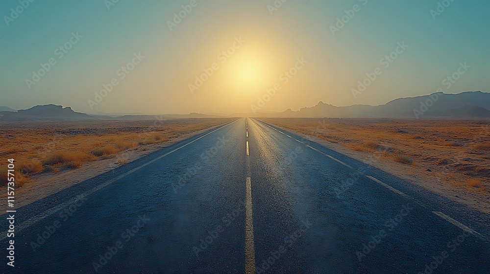 Naklejka premium Desert Highway Stretching Towards A Distant Sun