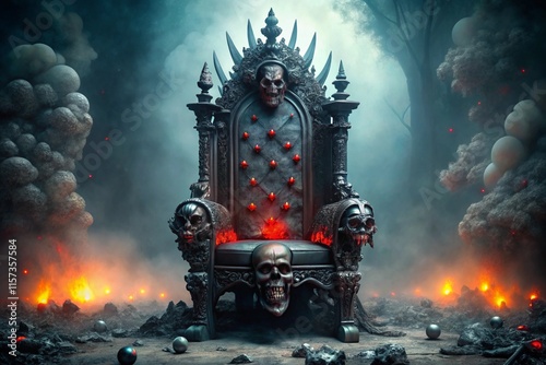 Sinister gothic throne crafted from dark stone, skull carvings, and glowing red embers in a haunting atmosphere photo