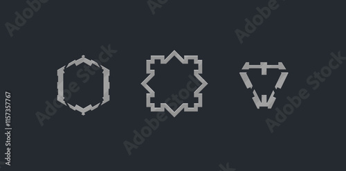 Three Different Sci Fi Futuristic Hexagon Square Triangle Tactical Squad Military Logo Elements Frames Gray Isolated Vector Design