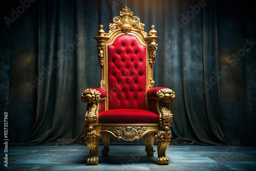 Ornate royal chair featuring gold detailing, luxurious red velvet seat, and an imposing high backrest in a dim room photo