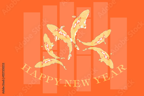 Group of Koi fish in golden pattern and design. Represents animals that bring good luck and prosperity according to Chinese beliefs with word of 