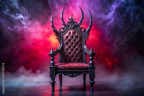 Dark gothic throne with spiked horns, crimson velvet upholstery, and an ominous atmosphere surrounded by smoke and mist photo