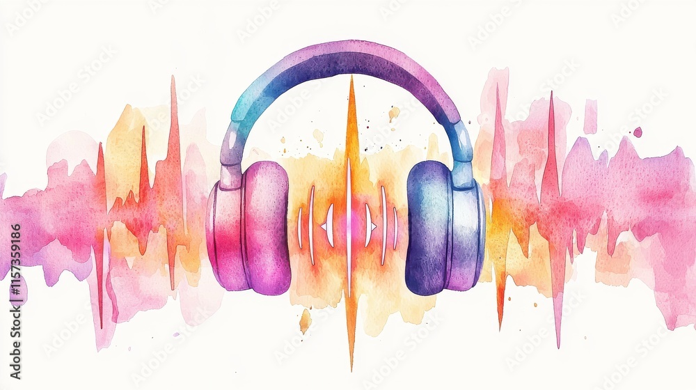 Obraz premium Vibrant Watercolor Depiction of Headphones Surrounded by Colorful Sound Waves, Illustrating the Essence of Audio and Music Experience
