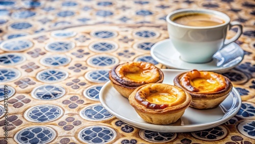 Fresh pastel de nata and cups of coffee in a bakery in Lisbon, Portugal, Portuguese, pastry, bakery, Lisbon, Portugal, traditional