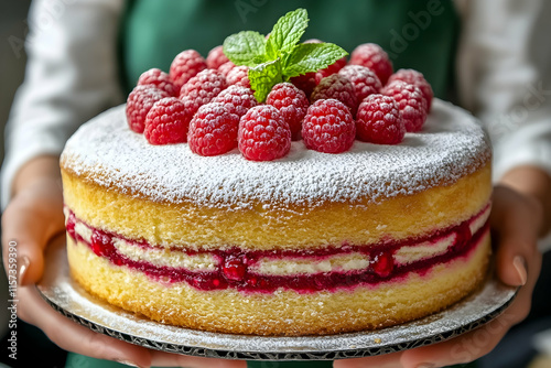 Wallpaper Mural Victorian lady holding raspberry cake in dark green background, vintage food photography Torontodigital.ca