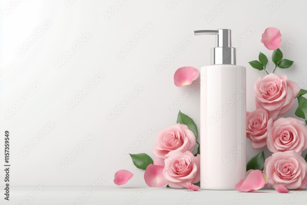 Obraz premium modern cream pump bottle surrounded by pink roses and petals, creating serene and elegant atmosphere