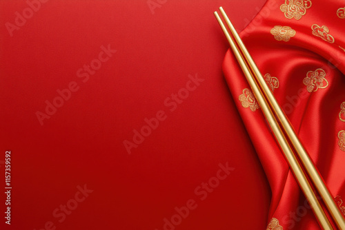 pair of golden chopsticks rests elegantly on luxurious red silk, creating rich and vibrant atmosphere photo