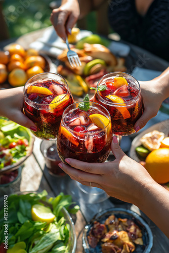 Hands toasting with glasses of sangria surrounded by delicious food at a summer patio party.