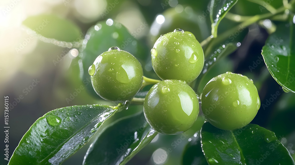 Fresh green grapes with water drops in sunny garden, macro shot with copy space Fresh green grapes with water drops in sunny garden, macro shot with copy space