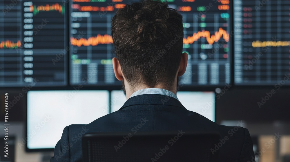Fototapeta premium Professional Individual Engaged in Real-Time Stock Monitoring with Multiple Screens Displaying Market Trends and Data Analysis in a Modern Office Environment