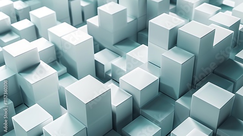 Abstract arrangement of white rectangular blocks of varying heights, creating a geometric and three-dimensional pattern. Modern and minimalist design concept.