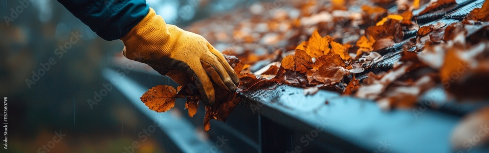 Hand Clearing Leaves from Rain Gutter During Autumn Season Hand Clearing Leaves from Rain Gutter During Autumn Season