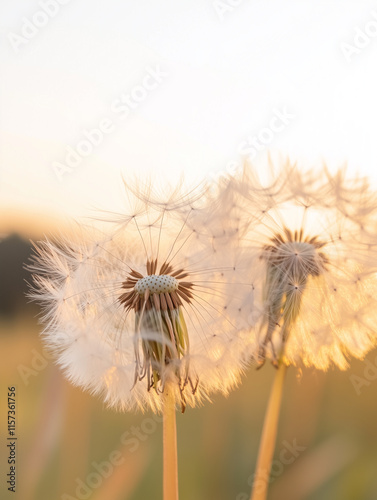 Two Dandelion Seed Heads at Sunset