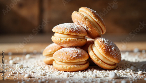 Stacked alfajores cookies dusted with powdered sugar on rustic wooden surface