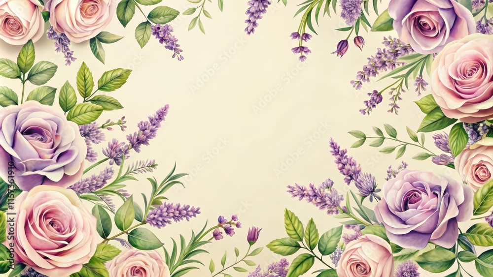 Floral pattern with lavender roses and green leaves on a light background, lavender, roses, green, leaves, floral, pattern