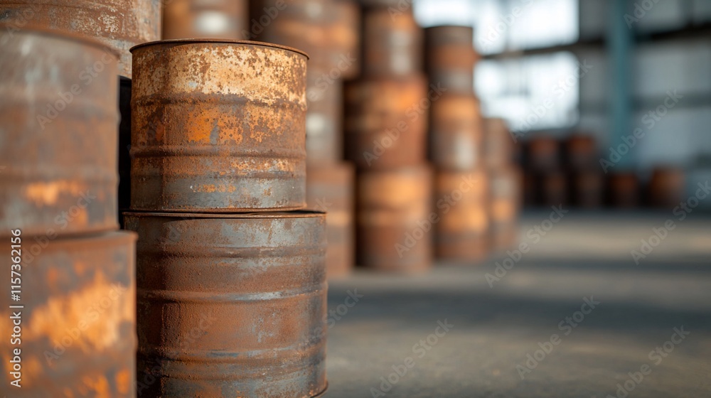 A collection of rusty barrels stacked in an industrial setting. A collection of rusty barrels stacked in an industrial setting.