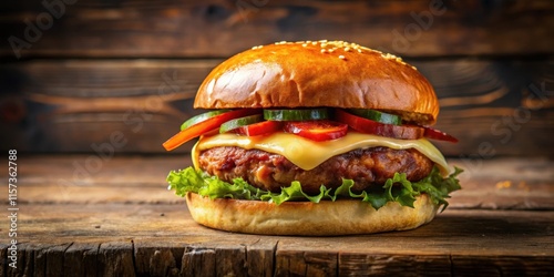 Delicious hamburger with chorizo sausage and Argentine provoleta cheese on a rustic wooden table, burger, chorizo, provoleta photo