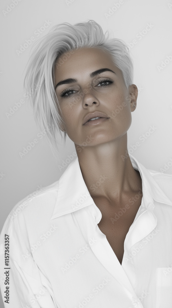 Portrait of Woman with Platinum Blonde Short Hair and White Shirt Portrait of Woman with Platinum Blonde Short Hair and White Shirt
