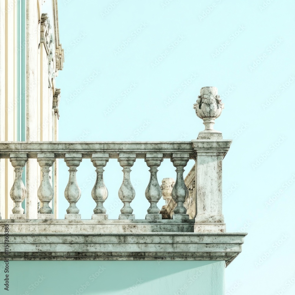 Fototapeta premium Weathered stone balcony with ornate balustrade against a pale blue sky.