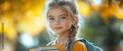 Adorable Little Girl with Books and Backpack in Autumn Park