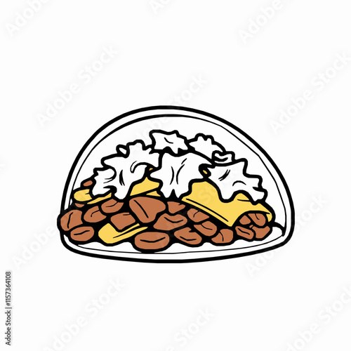 taco outline vector illustration with lettuce and cheese filling