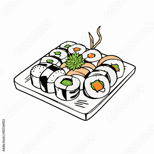 sushi roll outline vector illustration with salmon and avocado