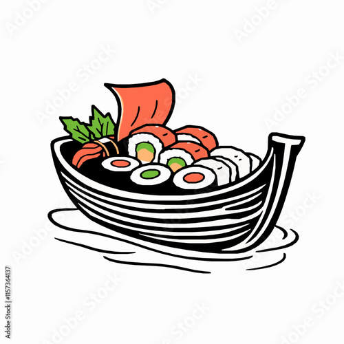 sushi boat outline vector illustration with assorted rolls
