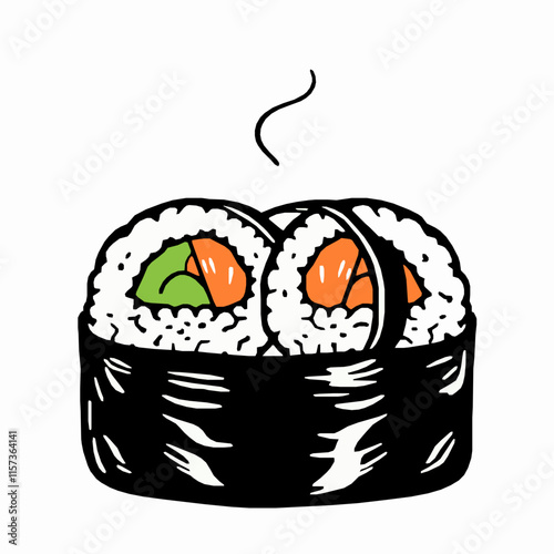 sushi roll outline vector illustration with salmon and avocado