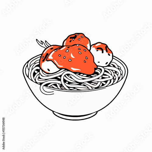 spaghetti bowl outline vector illustration with meatballs and sauce
