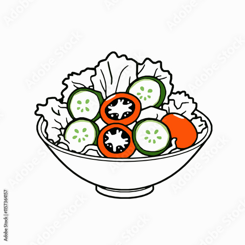 salad bowl outline vector illustration with lettuce and tomatoes