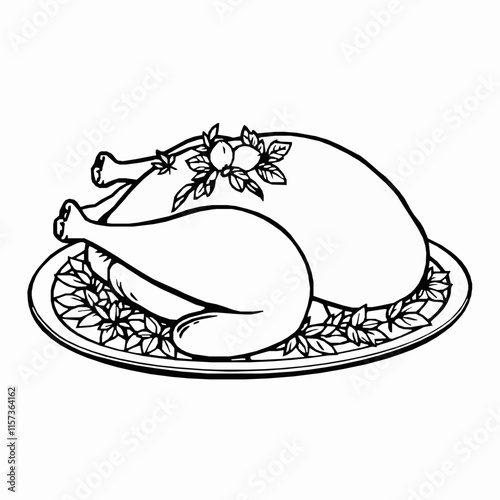 roasted turkey outline vector illustration with garnish on a tray