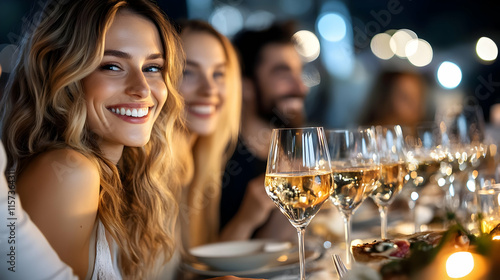 Happy young woman smiling at camera during dinner party with friends.