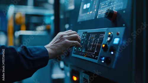 A closeup shot of a machines control panel where an operator uses touch controls to recalibrate settings based on alerts received from connected IIoT sensors indicating a potential photo