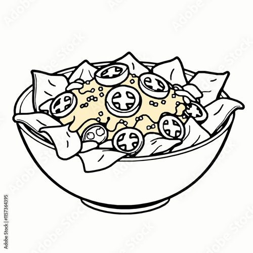 nachos bowl outline vector illustration with cheese and jalapeños