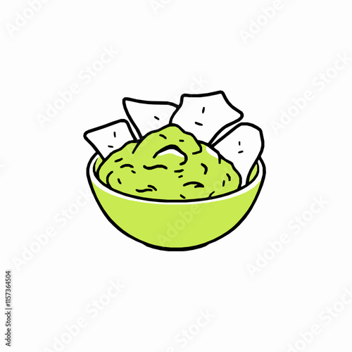 guacamole bowl outline vector illustration with tortilla chips