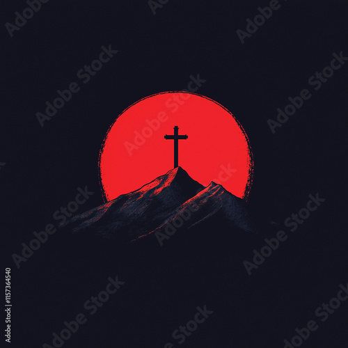 Symbolische Darstellung: Kreuz auf Berg mit rot leuchtendem Sonnenuntergang

 photo