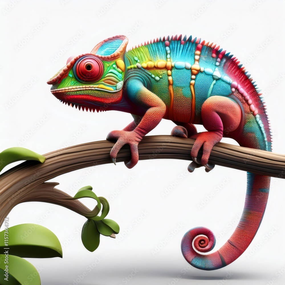 Fototapeta premium Colorful cartoon chameleon camouflaging, perching on branch against white backdrop