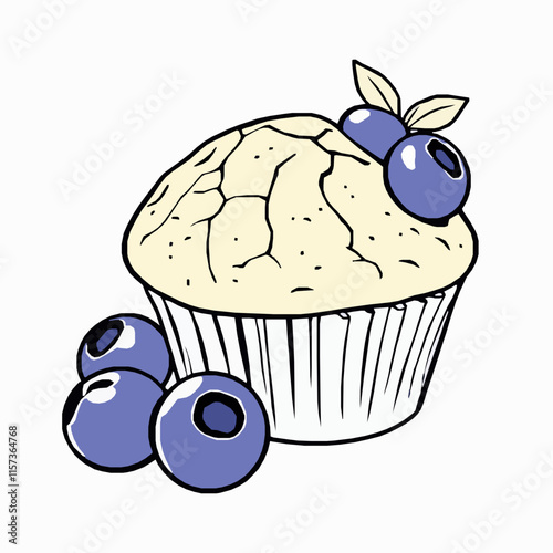 blueberry muffin outline vector illustration with cracked top