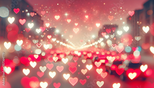 Festive background of hearts with bokeh lights and glitter effect in red and pink halftones.