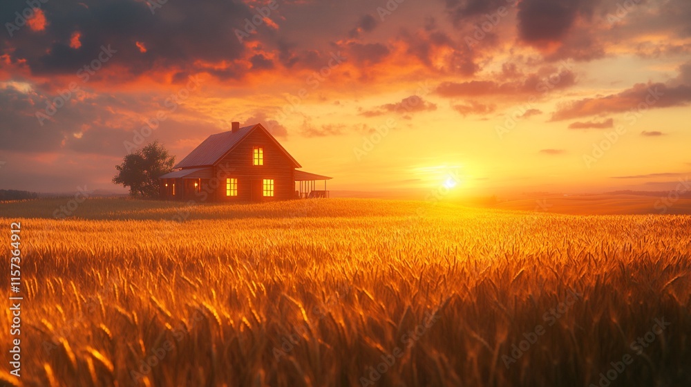 Golden sunset over wheat field with farmhouse. Golden sunset over wheat field with farmhouse.