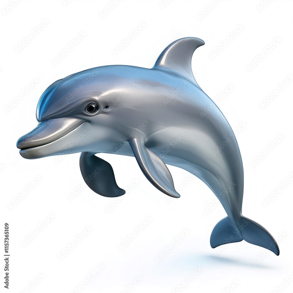 3D cartoon dolphin leaping, creating water splash, conveying playful marine character against pristine white backdrop 3D cartoon dolphin leaping, creating water splash, conveying playful marine character against pristine white backdrop