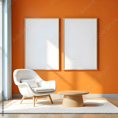 minimalist living room ,two large blank white frames on wall
